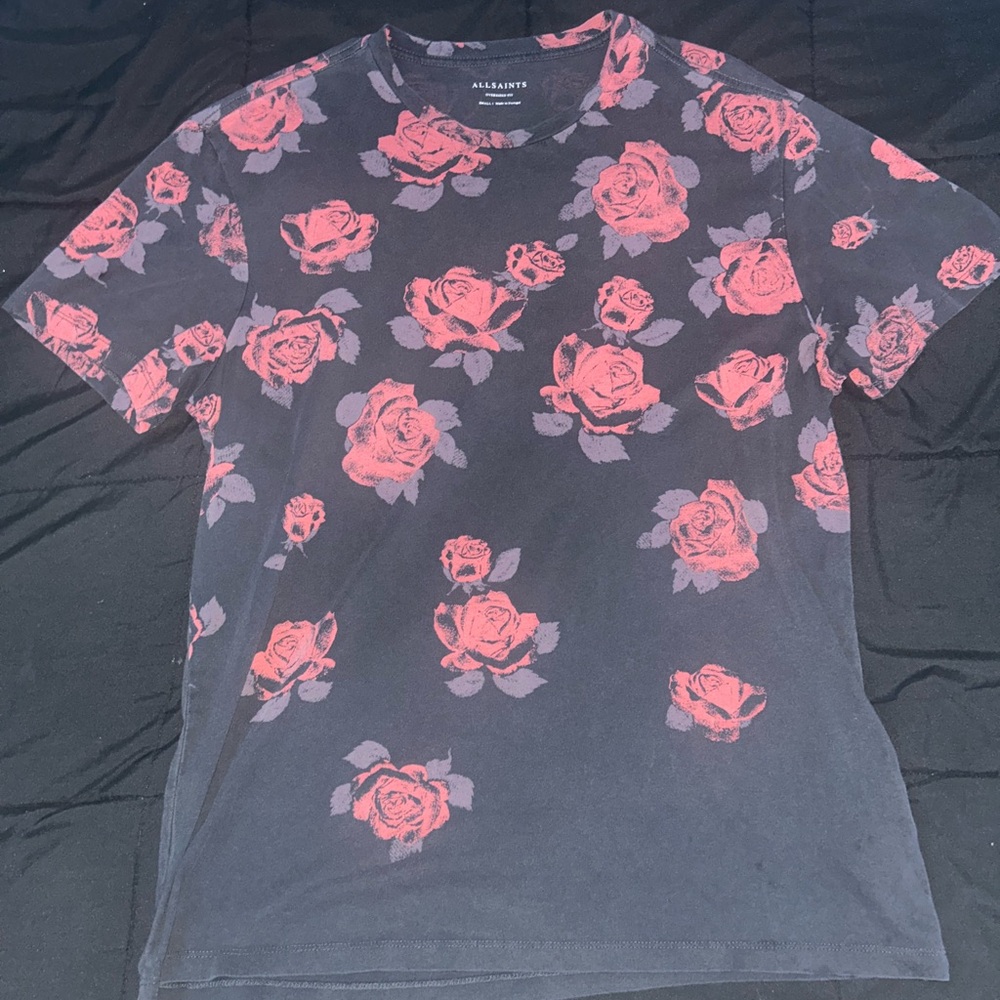 All Saints Men's Dark Gray and Red Rose Tee